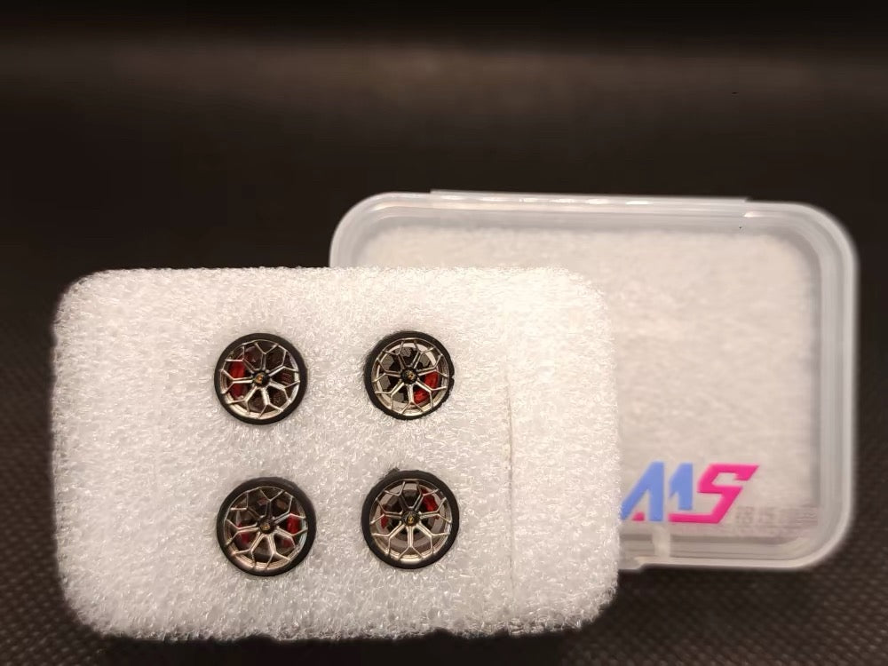 1:64 Lamborghini SVJ Bearing Wheel Set with Tires | Front 10.2mm Rear 10.9mm | Ultra-Smooth Rolling Custom Rims for Diecast Model Cars | In Stock