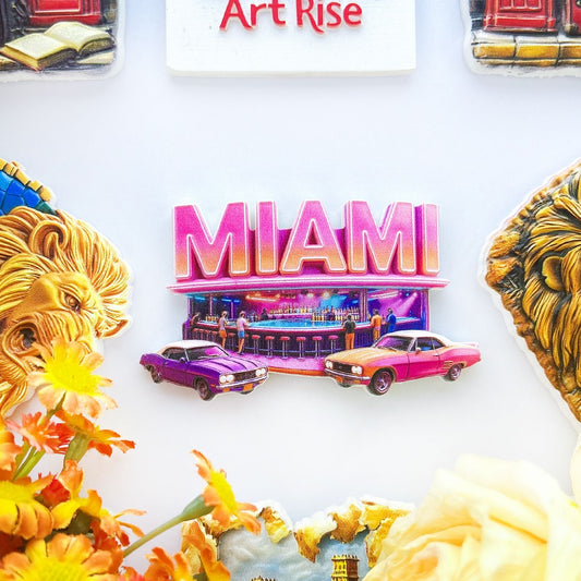 Miami Florida Sports Car Refrigerator Magnet – 3D Tourist Souvenir Collectible Gift