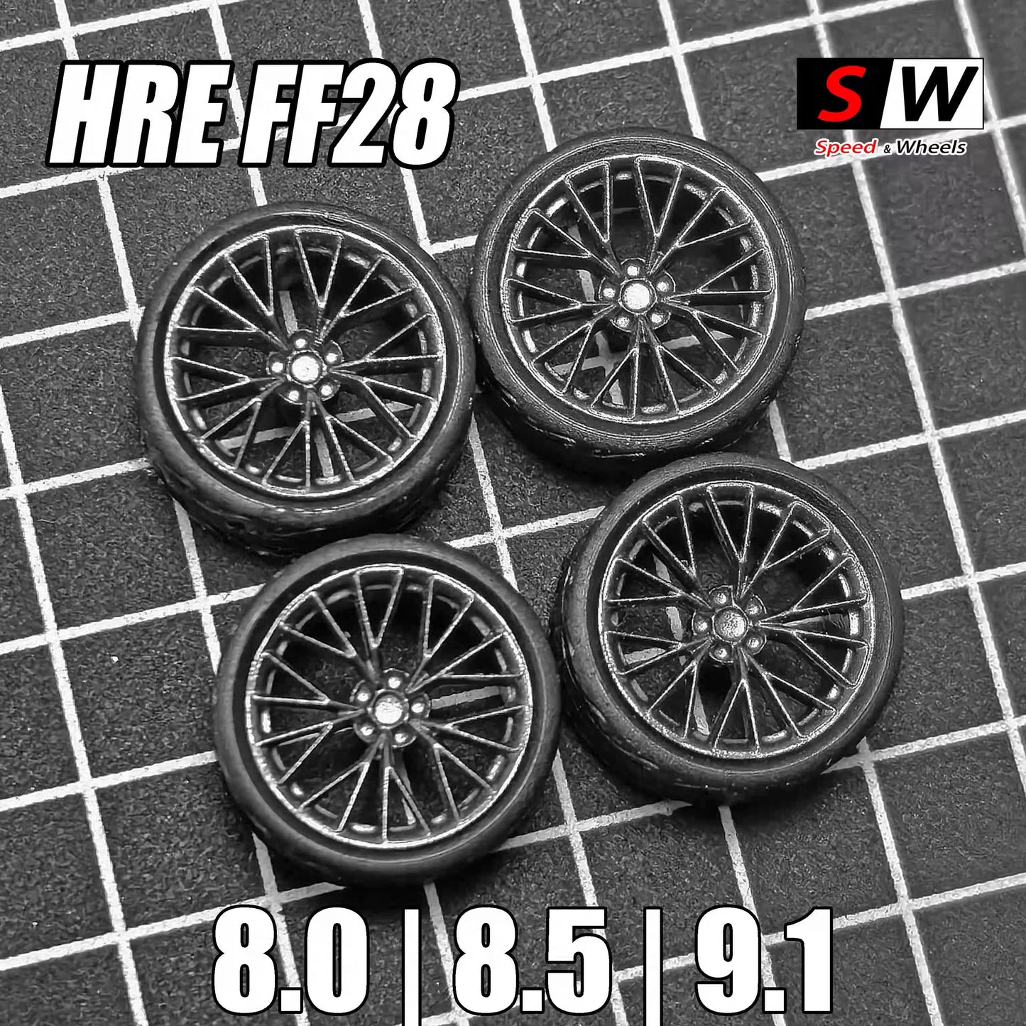 1:64 HRE FF28 Stance Fitment Wheels – Custom Rubber Tire Rim Set for Diecast Models