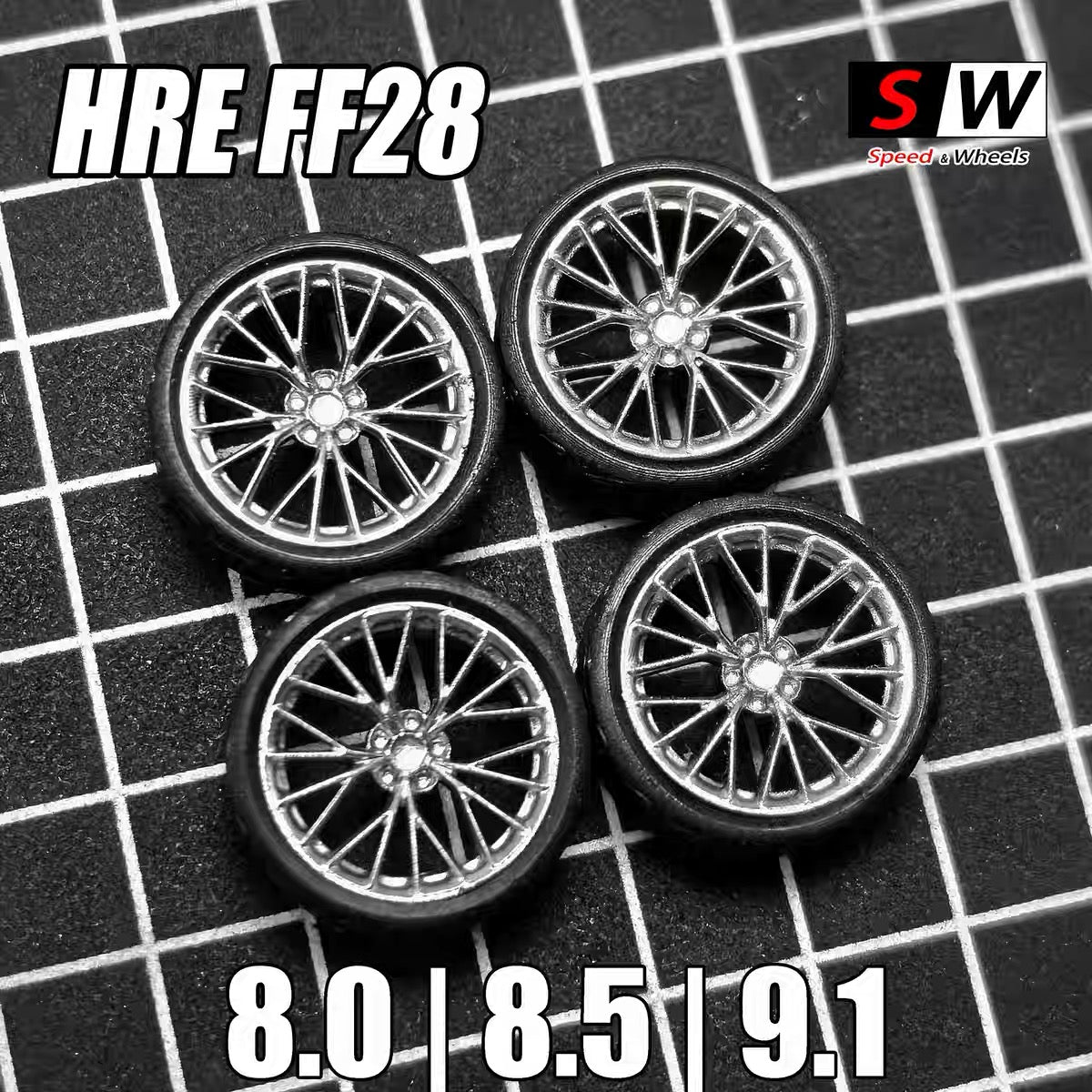 1:64 HRE FF28 Stance Fitment Wheels – Custom Rubber Tire Rim Set for Diecast Models