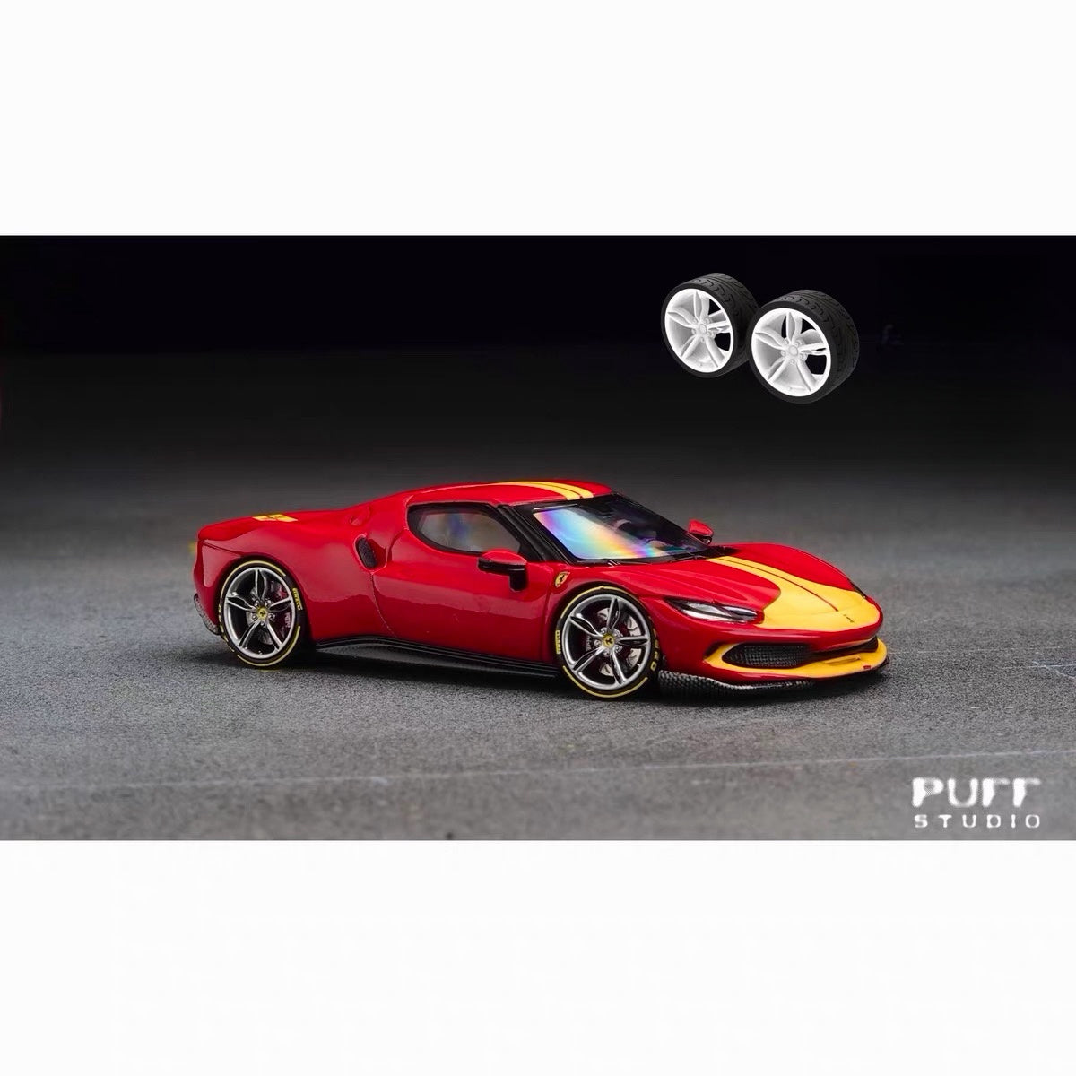 Puff Studio 1:64 Ferrari 296 GTB Wheels | Front 8.5mm Rear 8.8mm Axle OEM Style Aggressive Stance Diecast Custom Wheel Set
