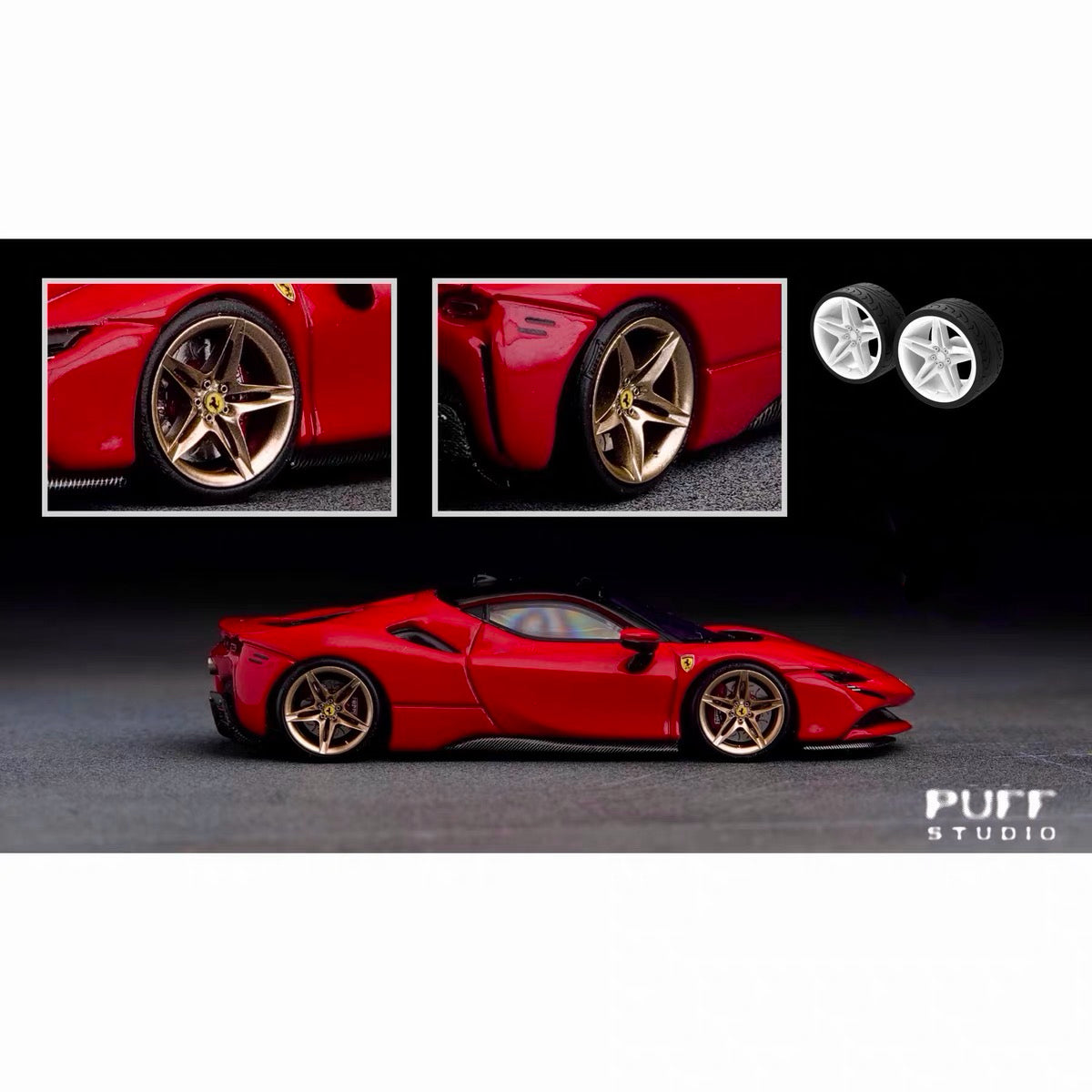 Puff Studio 1:64 Ferrari SF90 Wheels | Front 8.5mm Rear 8.8mm Axle OEM Style Aggressive Stance Diecast Custom Wheel Set