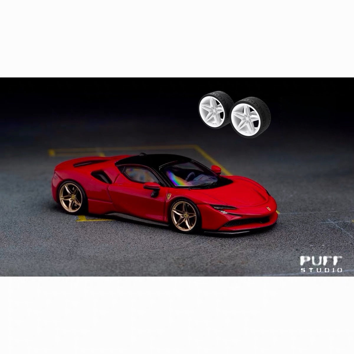 Puff Studio 1:64 Ferrari SF90 Wheels | Front 8.5mm Rear 8.8mm Axle OEM Style Aggressive Stance Diecast Custom Wheel Set