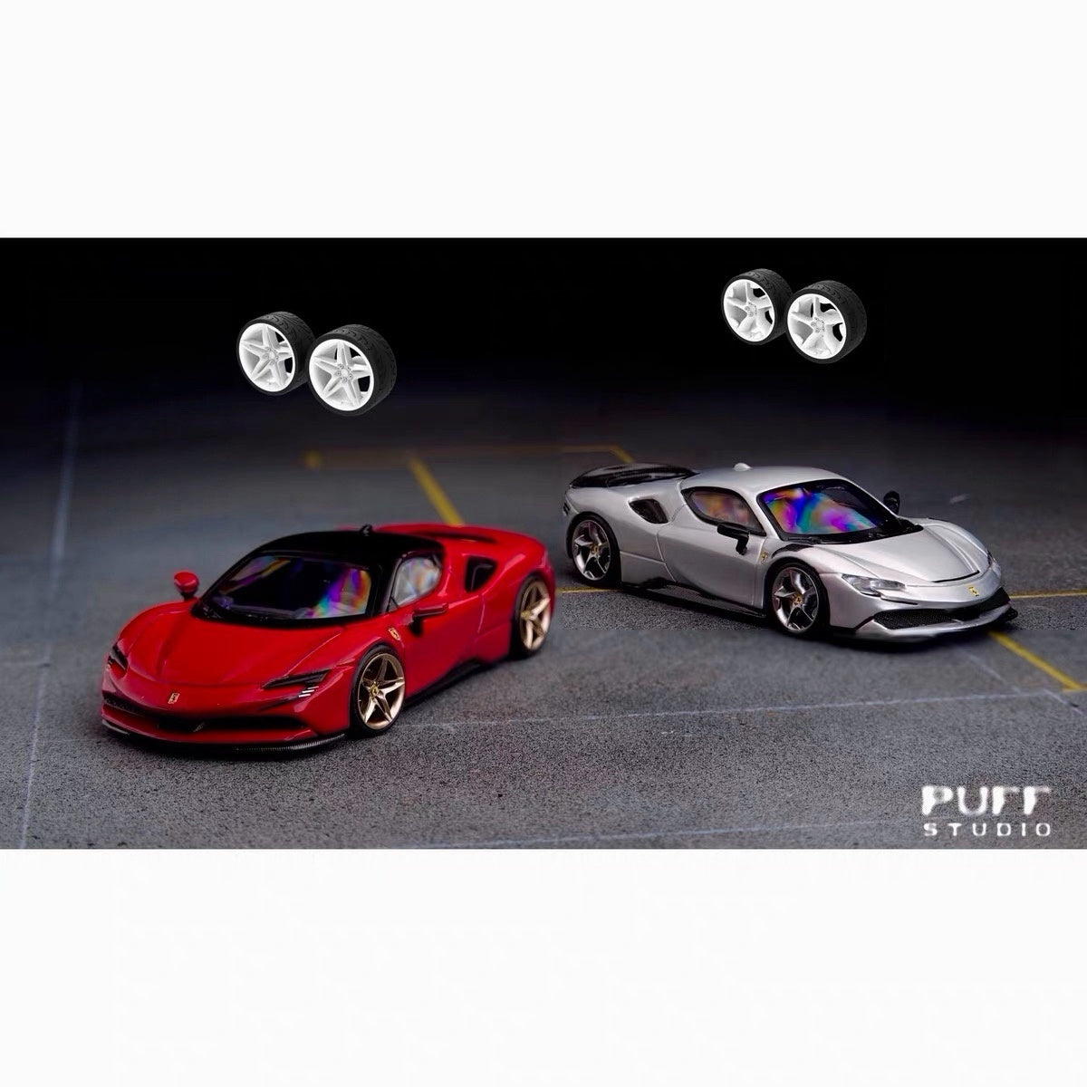 Puff Studio 1:64 Ferrari SF90 Wheels | Front 8.5mm Rear 8.8mm Axle OEM Style Aggressive Stance Diecast Custom Wheel Set