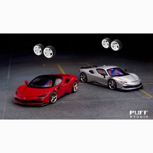 Puff Studio 1:64 Ferrari SF90 Wheels | Front 8.5mm Rear 8.8mm Axle OEM Style Aggressive Stance Diecast Custom Wheel Set
