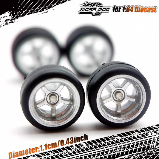 1:64 Hot Wheels Compatible Silver Alloy Wheels 11mm – Fixed Tire Custom Wheel Set for Diecast Model Cars