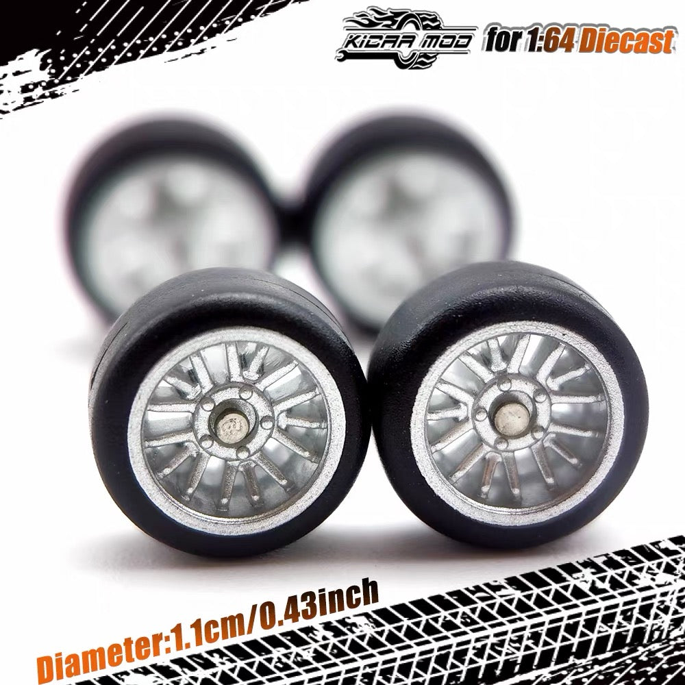 1:64 Hot Wheels Compatible Silver Alloy Wheels 11mm – Fixed Tire Custom Wheel Set for Diecast Model Cars