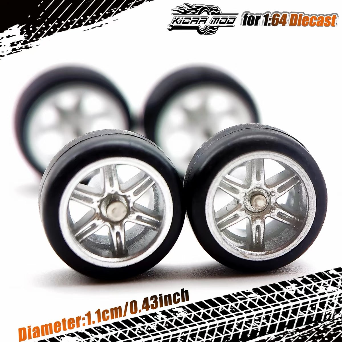 1:64 Hot Wheels Compatible Silver Alloy Wheels 11mm – Fixed Tire Custom Wheel Set for Diecast Model Cars