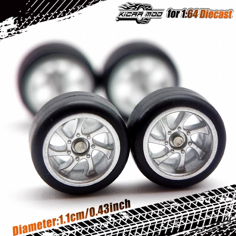 1:64 Hot Wheels Compatible Silver Alloy Wheels 11mm – Fixed Tire Custom Wheel Set for Diecast Model Cars