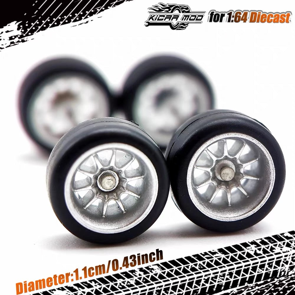 1:64 Hot Wheels Compatible Silver Alloy Wheels 11mm – Fixed Tire Custom Wheel Set for Diecast Model Cars