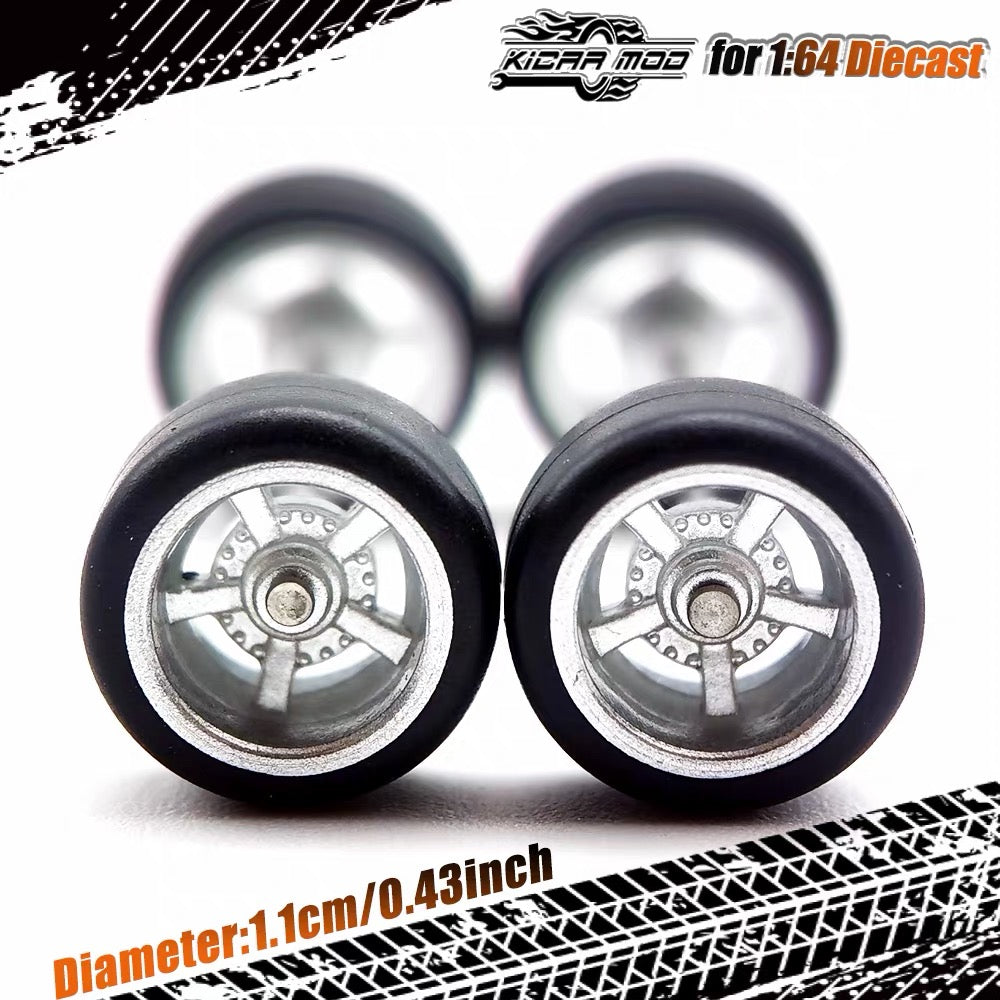 1:64 Hot Wheels Compatible Silver Alloy Wheels 11mm – Fixed Tire Custom Wheel Set for Diecast Model Cars