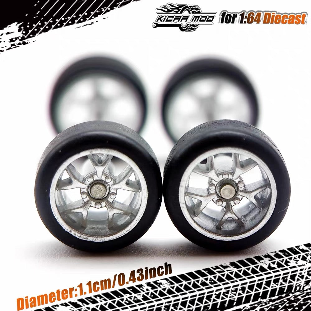 1:64 Hot Wheels Compatible Silver Alloy Wheels 11mm – Fixed Tire Custom Wheel Set for Diecast Model Cars