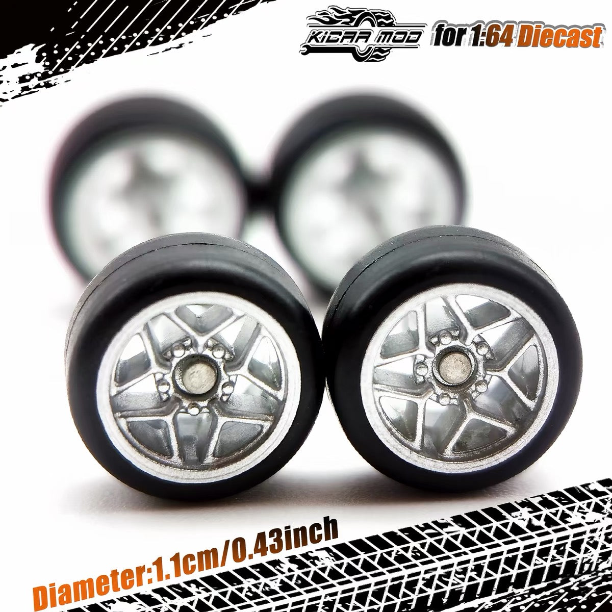 1:64 Hot Wheels Compatible Silver Alloy Wheels 11mm – Fixed Tire Custom Wheel Set for Diecast Model Cars