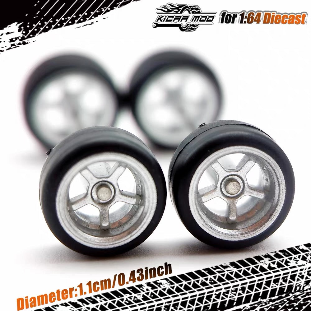 1:64 Hot Wheels Compatible Silver Alloy Wheels 11mm – Fixed Tire Custom Wheel Set for Diecast Model Cars
