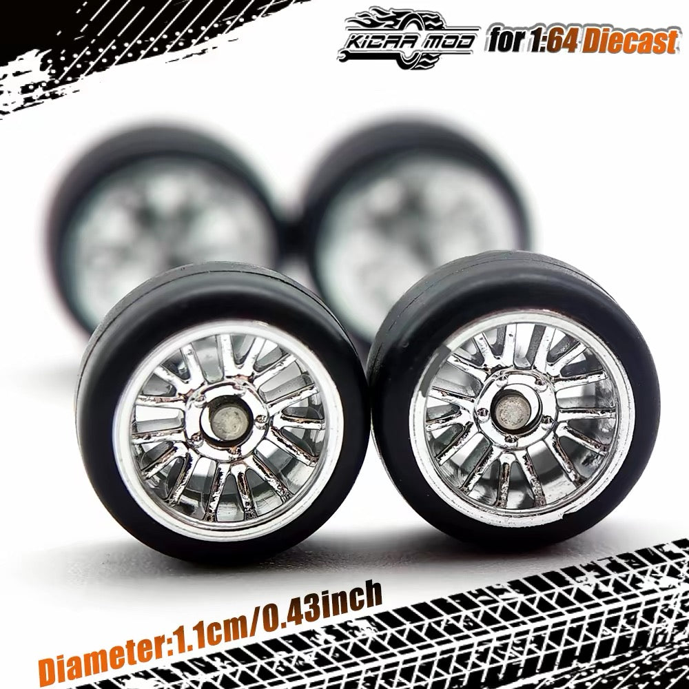 1:64 Silver Alloy Wheel Set 11mm – Fixed Rubber Tires Custom Wheels for Hot Wheels Diecast Models