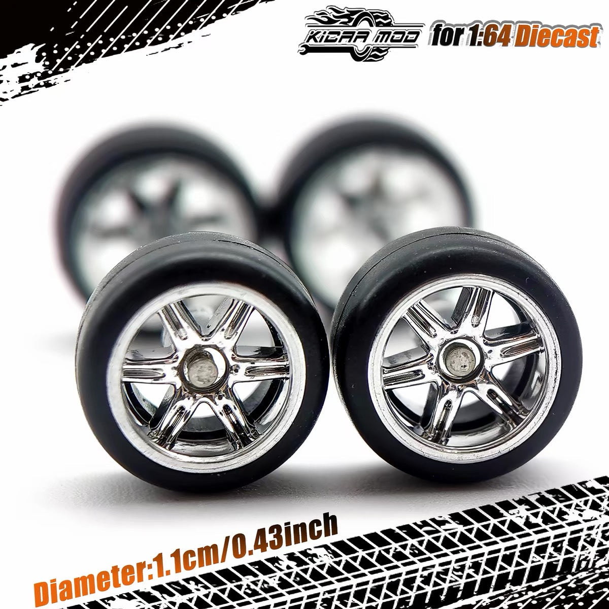 1:64 Silver Alloy Wheel Set 11mm – Fixed Rubber Tires Custom Wheels for Hot Wheels Diecast Models