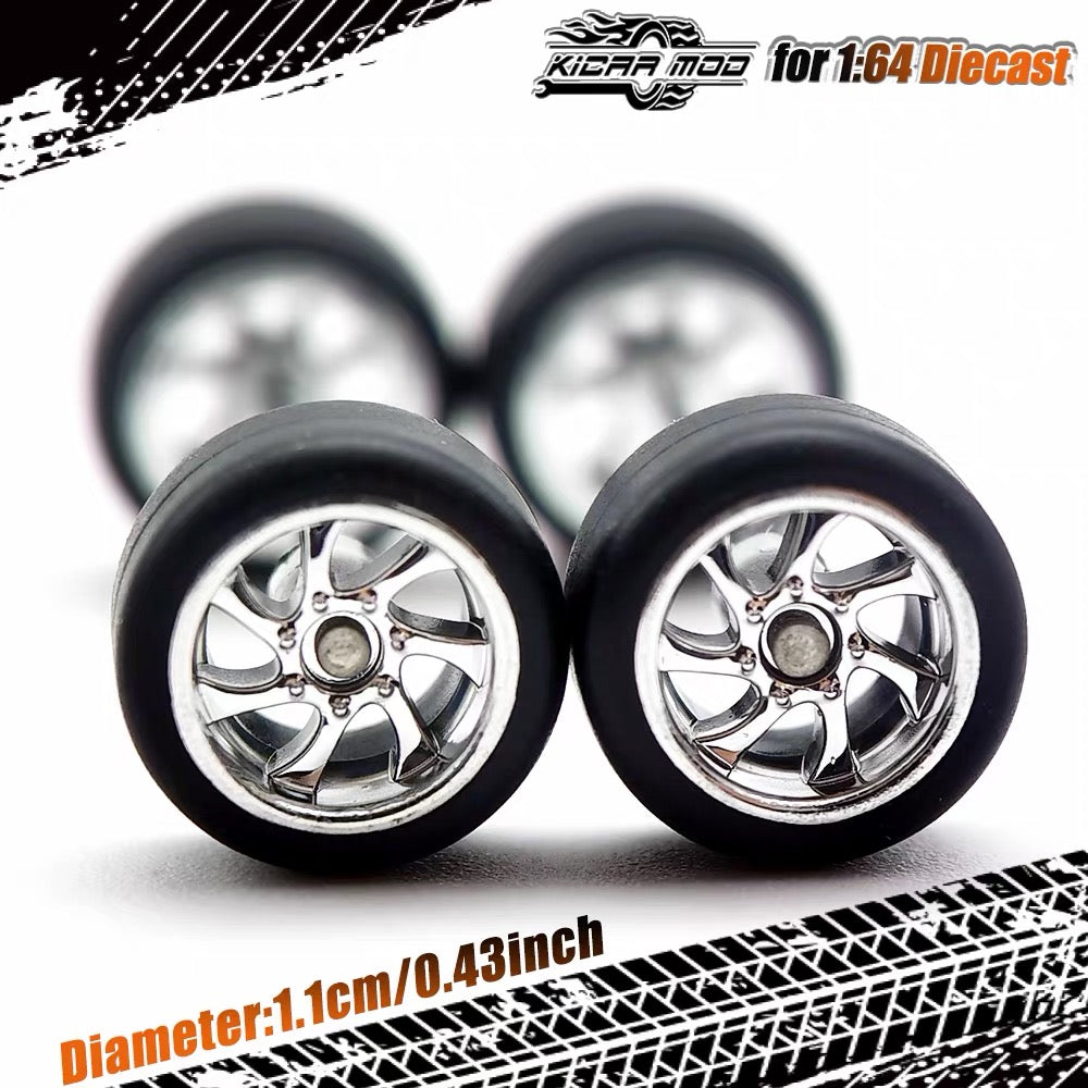 1:64 Silver Alloy Wheel Set 11mm – Fixed Rubber Tires Custom Wheels for Hot Wheels Diecast Models