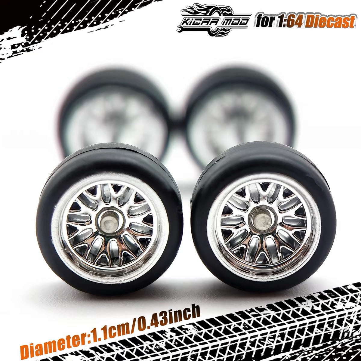 1:64 Silver Alloy Wheel Set 11mm – Fixed Rubber Tires Custom Wheels for Hot Wheels Diecast Models