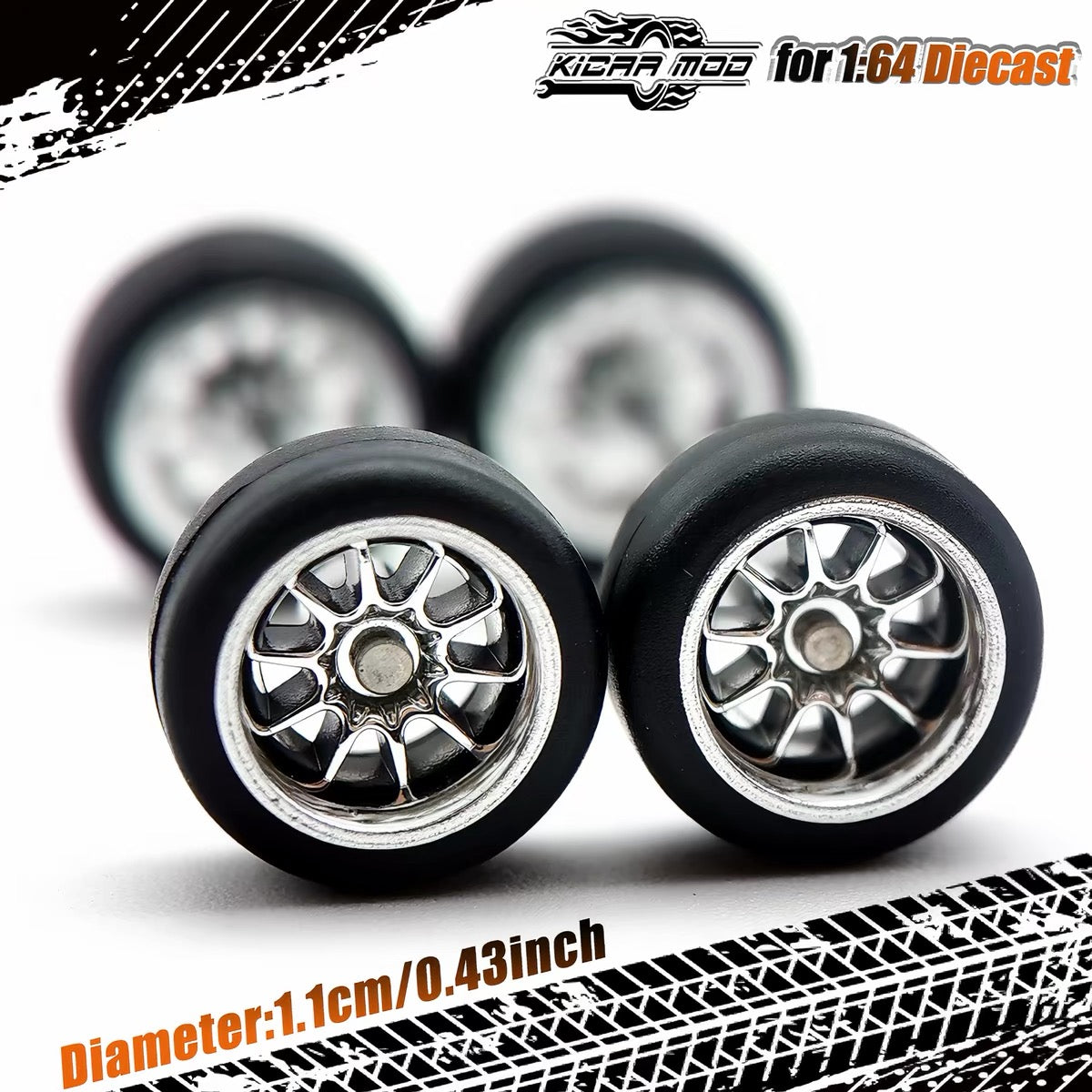 1:64 Silver Alloy Wheel Set 11mm – Fixed Rubber Tires Custom Wheels for Hot Wheels Diecast Models