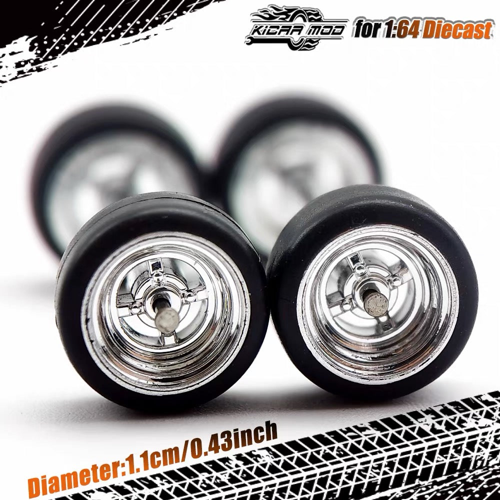 1:64 Silver Alloy Wheel Set 11mm – Fixed Rubber Tires Custom Wheels for Hot Wheels Diecast Models