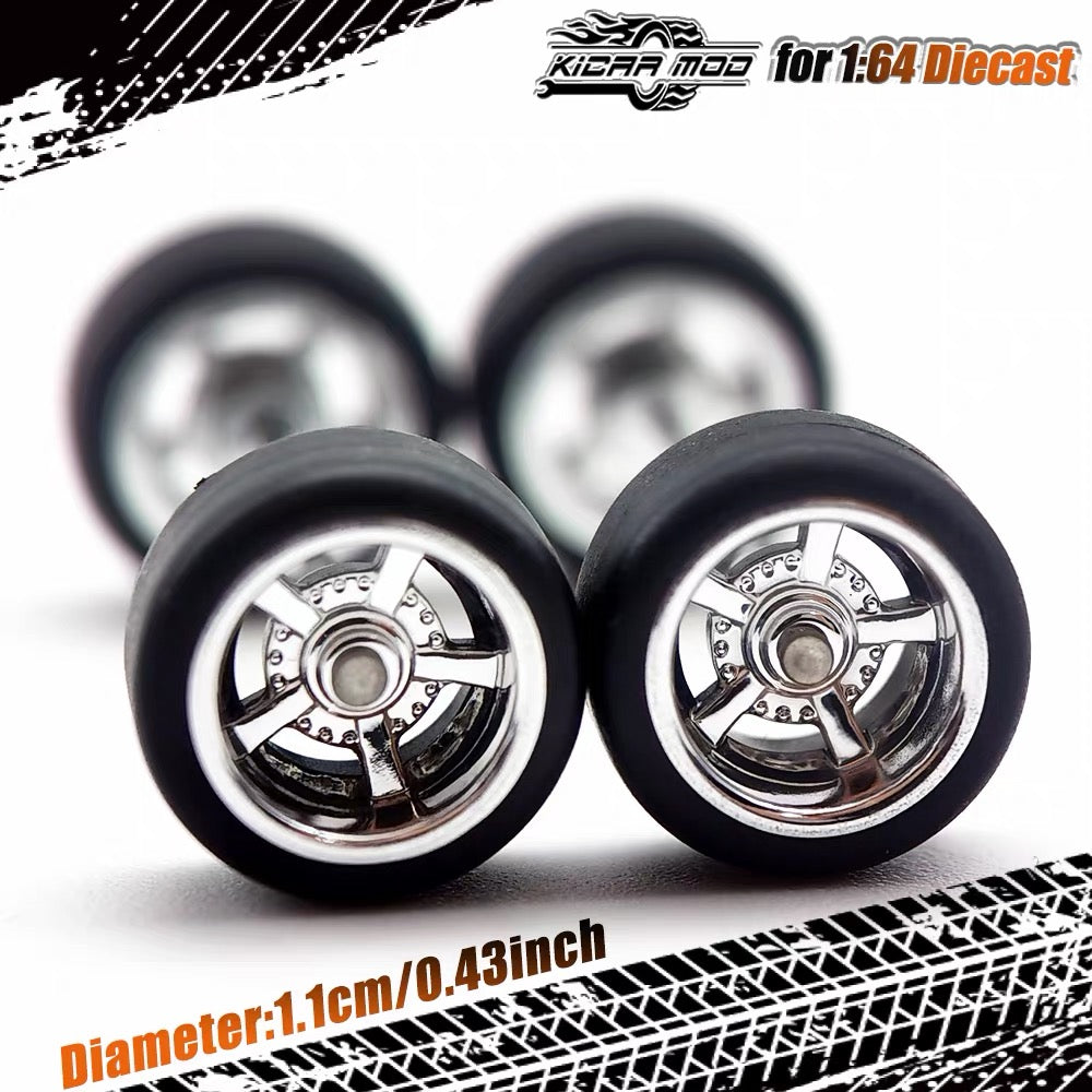 1:64 Silver Alloy Wheel Set 11mm – Fixed Rubber Tires Custom Wheels for Hot Wheels Diecast Models