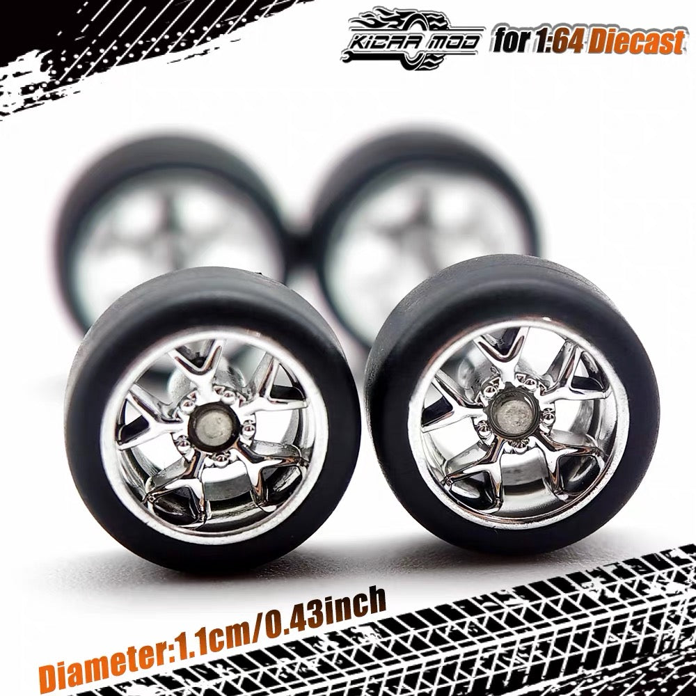 1:64 Silver Alloy Wheel Set 11mm – Fixed Rubber Tires Custom Wheels for Hot Wheels Diecast Models