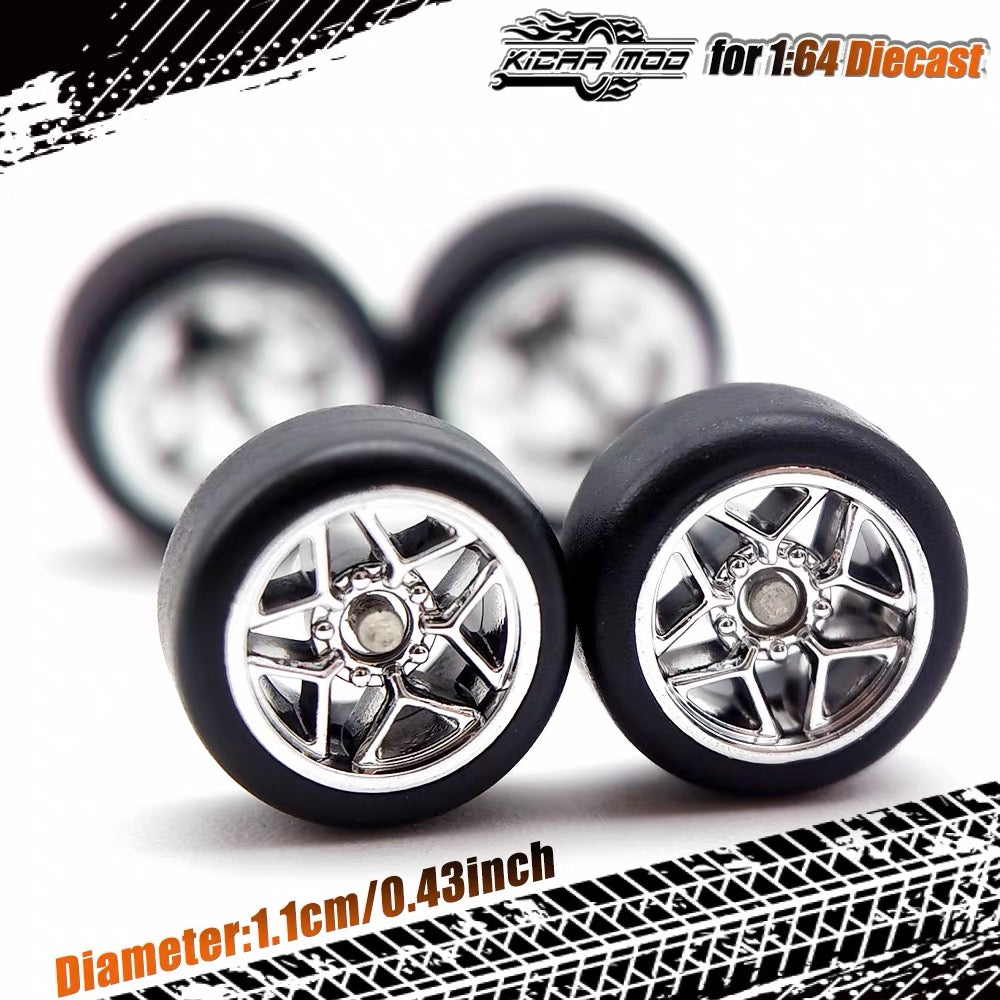 1:64 Silver Alloy Wheel Set 11mm – Fixed Rubber Tires Custom Wheels for Hot Wheels Diecast Models