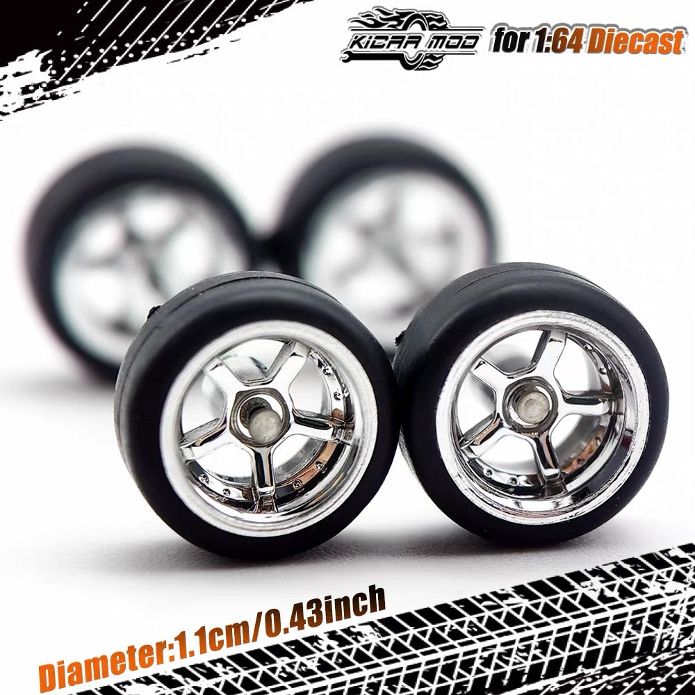 1:64 Silver Alloy Wheel Set 11mm – Fixed Rubber Tires Custom Wheels for Hot Wheels Diecast Models